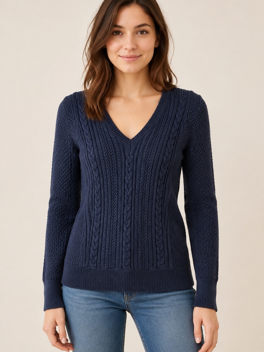 Banana Republic Navy Cable-Knit V-Neck Sweater Small